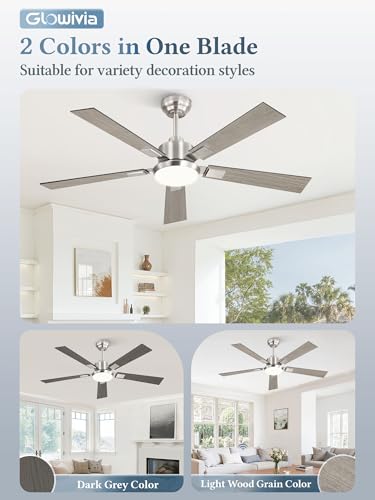 Glowivia 52-Inch Brushed Nickel Ceiling Fan with Dimmable RGB Lights & Remote - Modern 6-Speed Reversible Fan for Living Room & Bedroom, Model 1