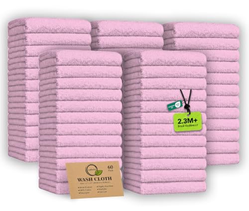 Pink Cotton Washcloths 60 Pack - Soft, Highly Absorbent Face Towels