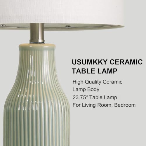Set of 2 Green Ceramic Table Lamps - Modern 23.75-Inch Bedside Nightstand Lighting