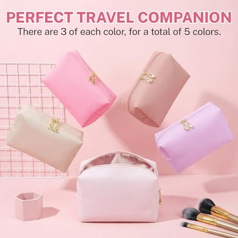 15 Pcs Pink Makeup Bag Bulk PU Cosmetic Pouches Preppy Waterproof Travel Toiletry Bags Aesthetic Storage Organizer Bags Party/Birthday Gift Favors for Teen Girls Women(Pink Series)