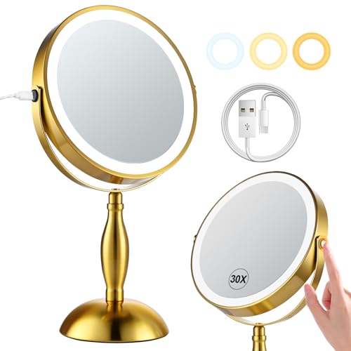 DASLAVA Gold 30X Magnifying Makeup Mirror with Lights, Rotatable & Rechargeable