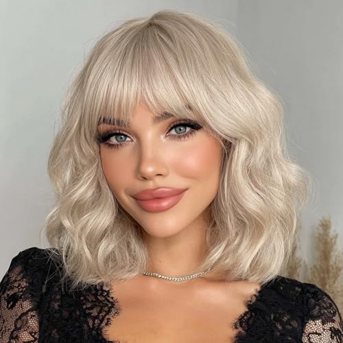 Blonde Short Bob Wig with Bangs - 14 Inch Curly Wavy Synthetic Cosplay Wig for Women