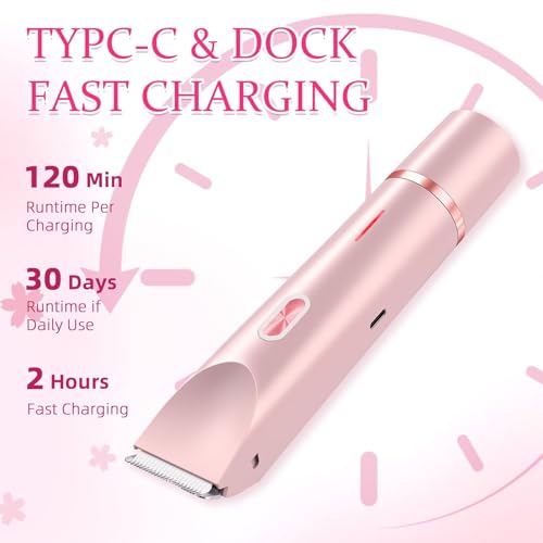 Bikini Trimmer for Women, 2 in 1 Electric Razors for Women, Dermave Bikini Shaver, IPX7 Waterproof & Easy Cleaning, Ceramic Blade, 120 Min Cordless Runtime, Ultra Low Silent(Pink).