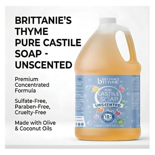 Brittanie's Pure Organic Castile Liquid Olive Oil Soap Refill, 1 Gallon Unscented | Face, Body Wash, All Purpose Cleaner, Dishes, Pets, Laundry | Vegan, Biodegradable, Made in USA