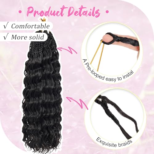 GOWIT 18 Inch Deep Wave Crochet Hair 7 Packs Black Pre-Looped Synthetic Braids