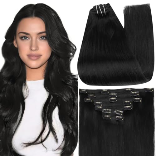 Full Shine Clip-In Human Hair Extensions - Jet Black, 22 Inch, 7pcs, 120g