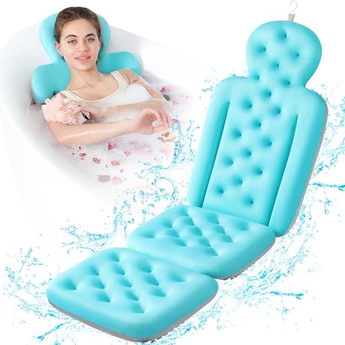 Blue Full Body Bath Cushion with 160 Suction Cups - 51 x 16 inches, Spa-Style Bathtub Pillow with Neck & Head Support, Luxury Bath Mat, Gift Idea