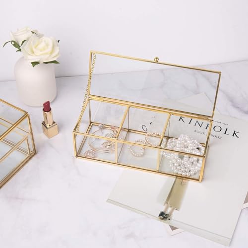 Gold Glass Jewelry Box with Compartments - Clear Display Canister Organizer for Jewelry & Trinkets