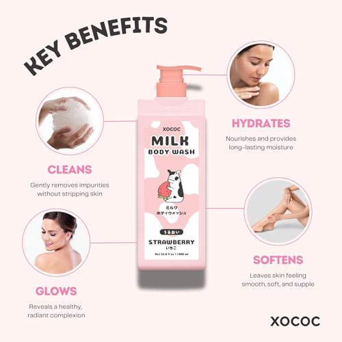 XOCOC Strawberry Milk Body Wash 33.8 fl oz | Moisturizing, pH-Balanced Shower Gel