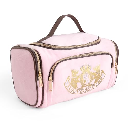 Juicy Couture Pink Makeup Bag Cosmetics Organizer Travel Essentials Duffel Velour Gold Terrier Dog Rhinestone Crown