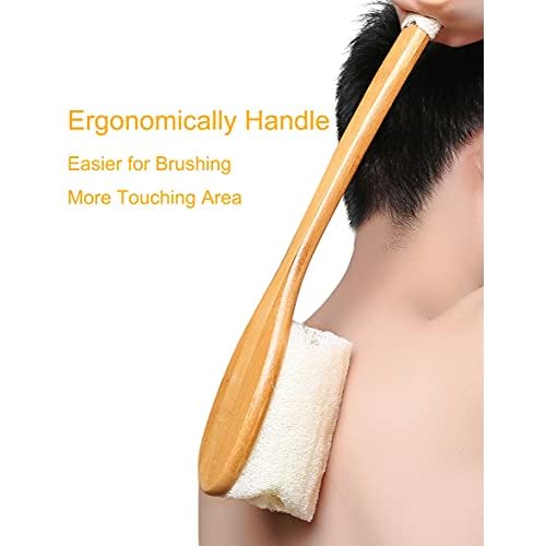 Leotruny 100% Natural Exfoliating Loofah with Long Wooden Handle Shower Back Brush (Off-White (1 Pack))