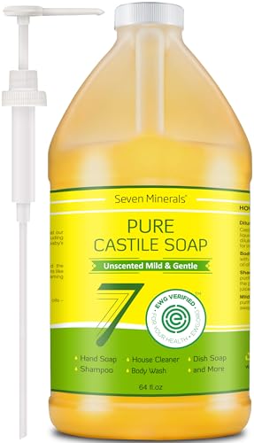 Unscented Seven Minerals Pure Castile Soap - Gentle Liquid Hand & Body Wash, 64 Fl Oz