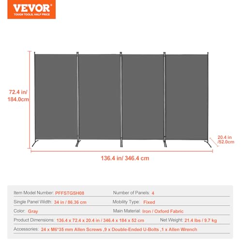 4 Panel Room Divider Grey Folding Privacy Screen Portable Partition for Room Separation
