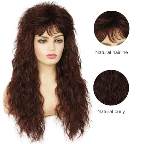 Brown Long Curly Wig for Women - 70s 80s Rocker Punk Style with Bangs, Synthetic Fiber, Halloween & Party Costume