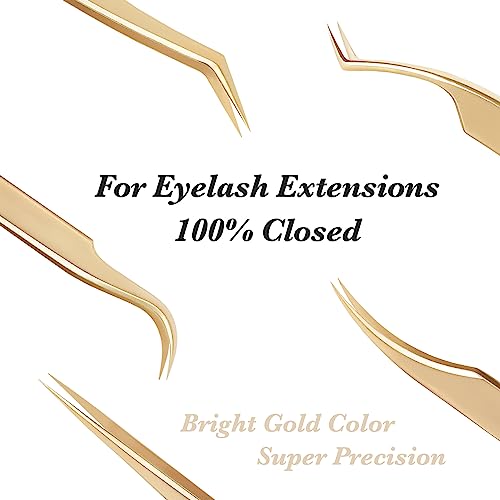 Tweezers Eyelash Extension 5 Pieces Stainless Steel Straight and Curved Professional Set Supplies with a Storage Bag for Lash Tech, Lash Artist Beginner Making Volume Classic Fans(Golden, Pink)