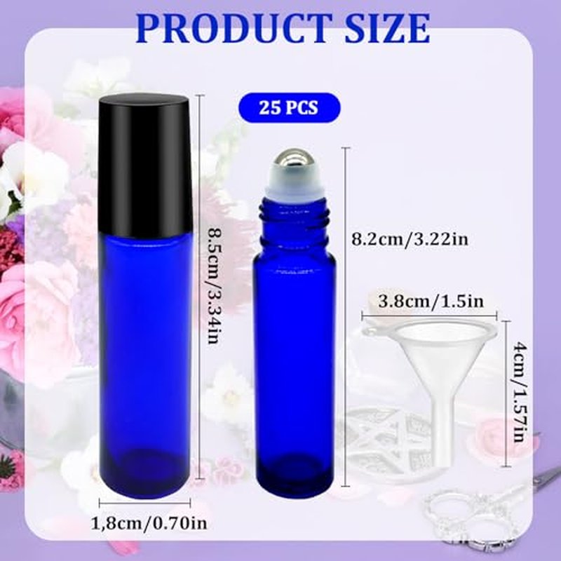 25 Pcs Essential Oil Roller Bottles 10ml Empty Glass Roller Bottles with Stainless Steel Roller Balls Protection Leakproof with 2 Funnel for Travel, Roller Balls For Essential Oils(Blue)