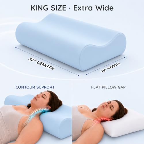 Blue 32-Inch King Contour Memory Foam Pillow for Neck Pain Relief - Ergonomic Support