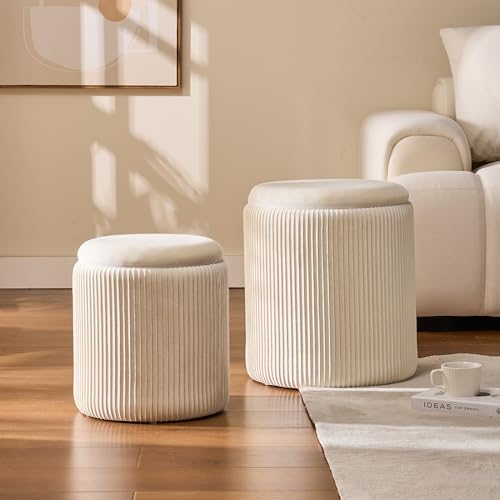 Cream Velvet Storage Ottoman Set of 2, Round Footstools with Hidden Storage