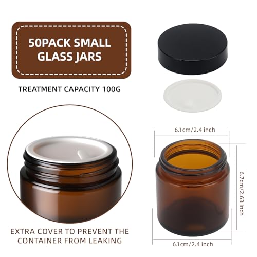 50Pcs 4 oz Glass Jars With Lids, Amber Small Containers With Inner Liners Whit&Premium Glossy Black Caps for Lotins,Powders,Ointments,4oz Sample&Candle Small Making