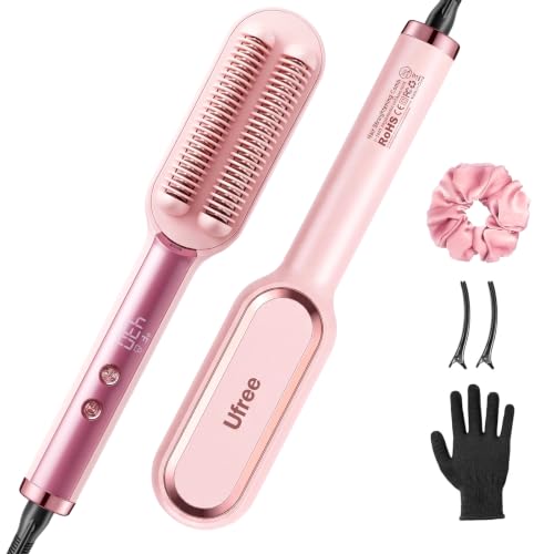 Hair Straightener Brush for Women, Ionic & Ceramic Hot Comb, Pink