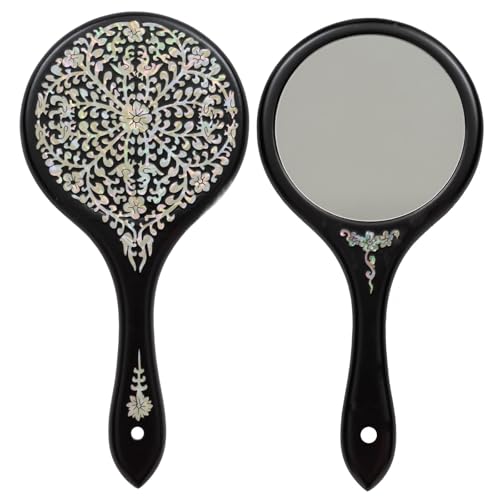 February Mountain Mother-of-Pearl Hand Mirror ? Korean Black Lacquer Mirror with Floral Inlay ? Gift for Women, Mom, Wife, Daughter ? Birthday, Mother¡¯s Day, Christmas, Anniversary