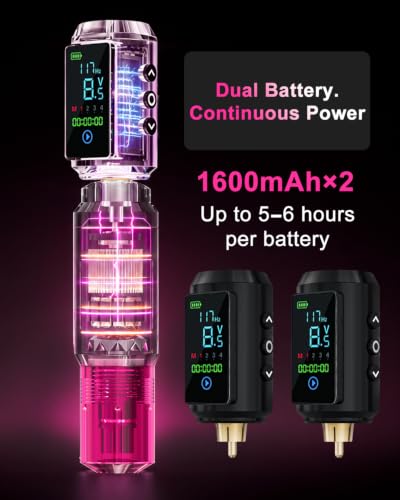 Pink Wireless Tattoo Gun Kit with Dual 1600mAh Batteries for Beginners & Artists - Large
