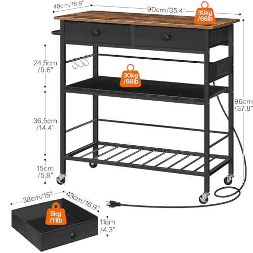 HOOBRO Rustic Brown & Black Kitchen Island with Storage, Rolling Cart, 2 Drawers, Outlet & Wine Rack