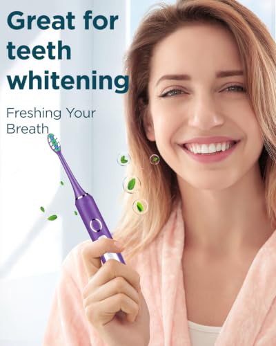 Electric Toothbrush for Adults & Kids - Sonic Clean & Whitening, 8 Heads, Travel Case - Purple