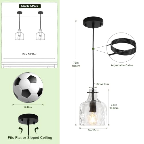 2 Pack Black Hammered Glass Pendant Lights - Adjustable Farmhouse Kitchen Island Fixture