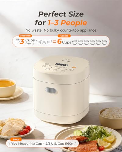 Mini Rice Cooker 3 Cup Uncooked with Ceramic Coated Pot - Ivory