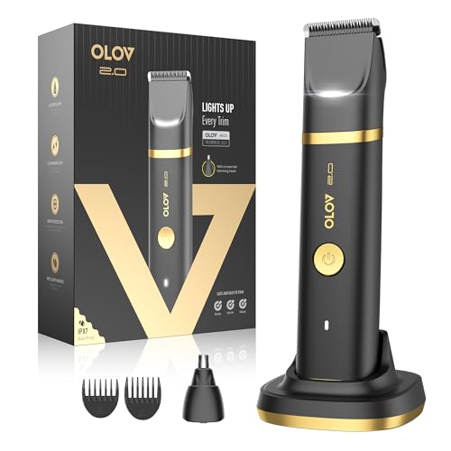 Groin & Body Hair Trimmer for Men - Electric Shaver for Pubic Hair, Chest, Legs - Ball Pubic Groomer, LED Light, Replaceable Ceramic Blade Heads, USB-C Recharge Dock, Waterproof Hygiene Razor