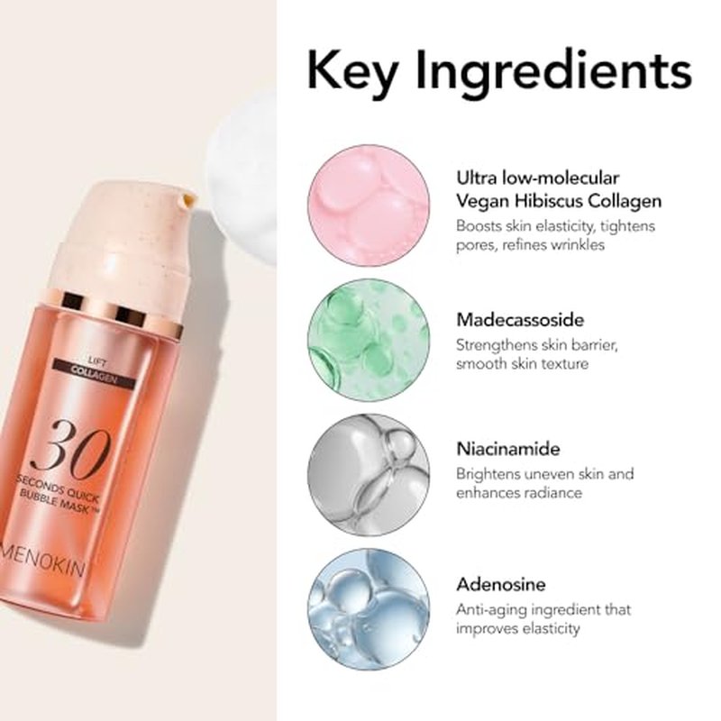 MENOKIN 30 Seconds Quick Bubble Mask [LIFT] - [Collagen] & Niacinamide in Micro-bubbles for Anti Aging, Boost Elasticity, Fine Lines, Korean Glass Skin Care Essential, 50 Uses, 2.36 fl.oz