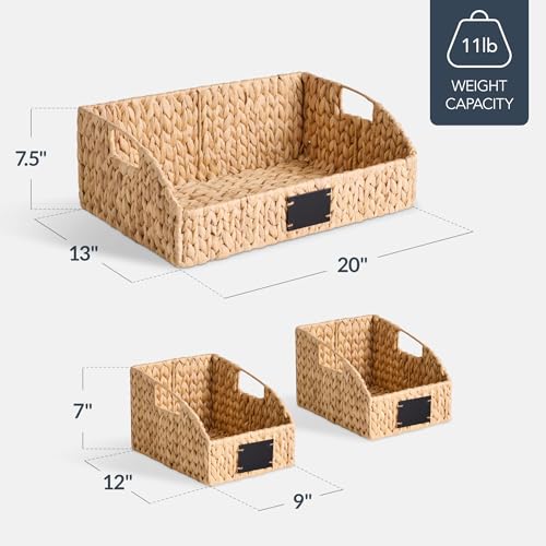 Water Hyacinth Pantry Storage Baskets Set of 3 Handwoven Natural Wicker Baskets with Handles