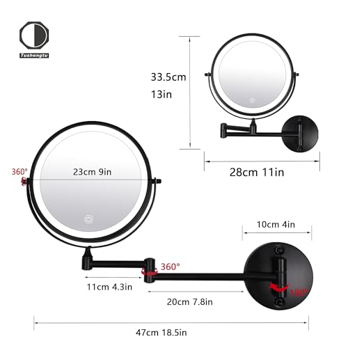 9" Large Black Wall Mount Magnifying Mirror With Light, TUSHENGTU 3000mAh Rechargeable Lighted Makeup Vanity Mirror Wall Mounted Swing Arm,10X/1X Magnifying Vanity Mirror for Bathroom 360¡ÆDouble Sided