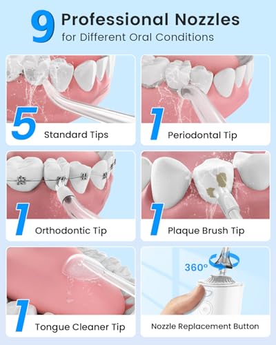 VIMMK White Water Flosser - Cordless Oral Irrigator with 9 Tips, 5 Modes, 300ML Waterproof Battery Operated for Travel & Home