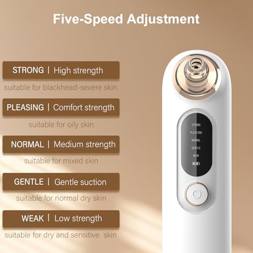Blackhead Remover Pore Vacuum Kit for Face, 5 Adjustable Suction Levels Blackhead Extraction Tool, Face Suction Pore Cleaner with 4 Suction Heads, 4 Probes for Women & Men (White)