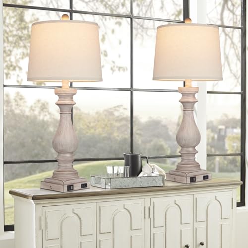 Gray 29-Inch Tall Table Lamp Set of 2 with USB-C & Outlets - Dimmable Touch Control Bedside Lamps