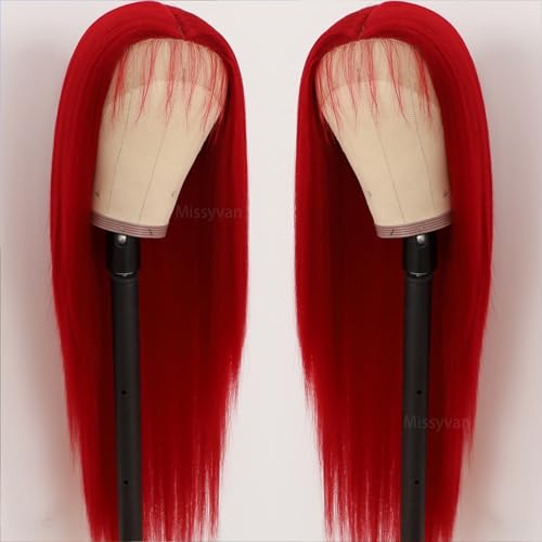 Missyvan Red Lace Front Wig 32 Inch Long Straight Synthetic Hair for Women
