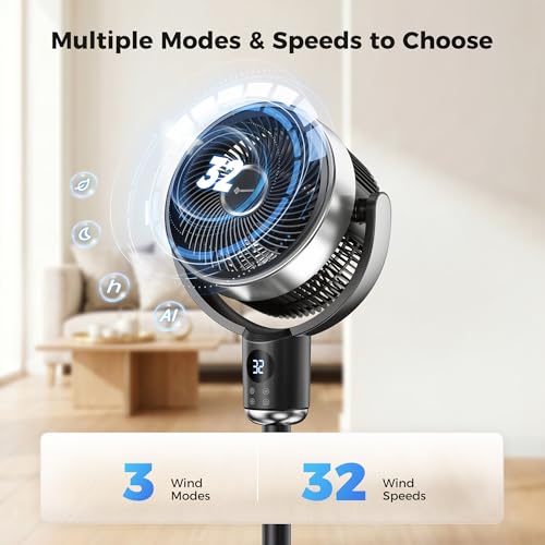 Oscillating Pedestal Fan with Remote, 32 Speeds, 3 Modes, 12H Timer, Quiet DC Motor, 100ft Airflow