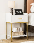 Nightstand with Charging Station - White & Gold Bedside Table with Drawer & Open Shelf - Variation: White-Outlet