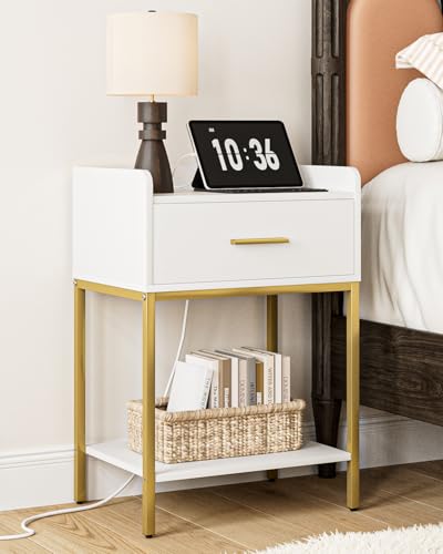 Nightstand with Charging Station - White & Gold Bedside Table with Drawer & Open Shelf - Variation: White-Outlet