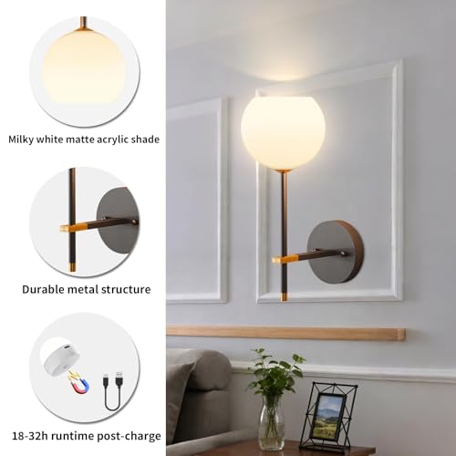Black and Gold Wireless Rechargeable Wall Sconces Set of 2 with Remote, RGB & Dimmable LED Wall Lights