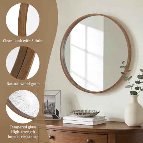 WallBeyond 28-Inch Round Wall Mirror with Wood Frame - Walnut Finish, Modern Home Decor for Bathroom Living Room Bedroom Entryway (Variation: Walnut / 28"L x 28"W)