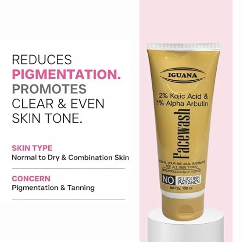 Iguana 2% Kojic Acid Face Wash with 1% Alpha Arbutin | Skin Brightening Facial Cleanser for Dark Spots & Pigmentation | Uneven Skin Tone Care | Paraben-Free Gentle Formula | 100ml (3.38 fl oz)