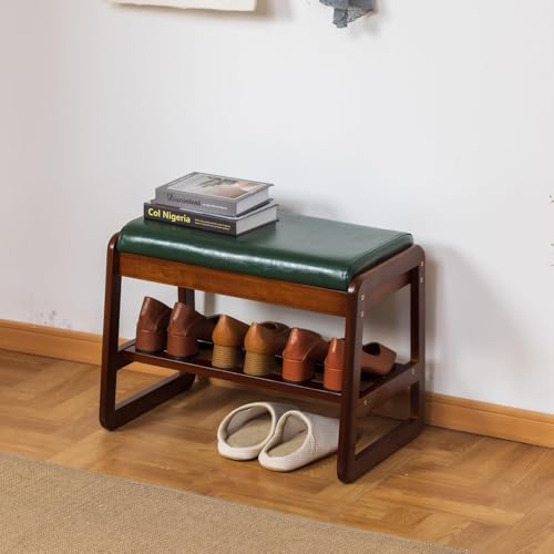 Solid Wood Shoe Rack Bench with Flip-Top Storage, Green, 21.65 inch