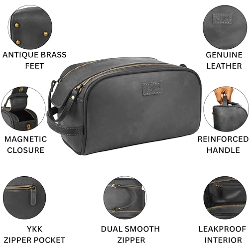 Rasavi Leather Travel Toiletry Bag - Black, Water-Resistant Dopp Kit for Men & Women