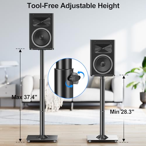 MOUNTUP Black Adjustable Speaker Stands Pair - Floor Stands for Bookshelf & Satellite Speakers, 28.3-37.4 Inches, Cable Concealing, 22 lbs Capacity