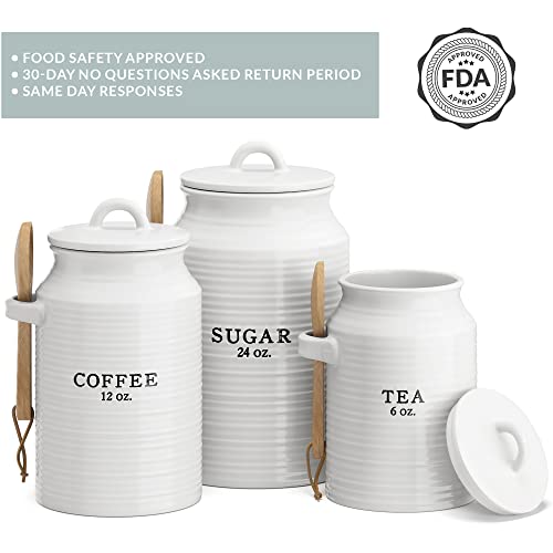 Barnyard Designs White Ceramic Kitchen Canister Set with 3 Lids - Tea, Coffee, Sugar, Set of 3