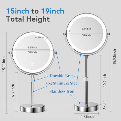Lighted Makeup Mirror with 10X Magnification, Adjustable Height & Touch Dimming
