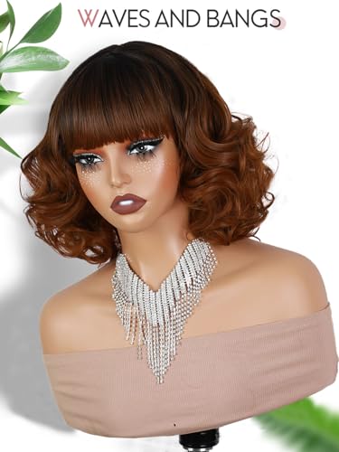 Short Curly Wig with Bangs - Ombre 2# Brown Variation